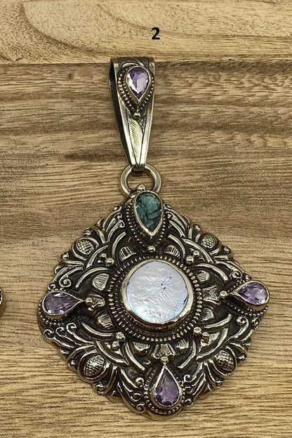 Tibetan Silver Pendant, Natural Pearl, Faceted Green Amethyst, Smoky Topaz or Amethyst, Floral Hand carved, Ethnic, Hill Tribe, Himalayan