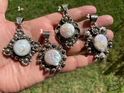 Tibetan Silver Pendant with Mother of Pearl, Birthstone Pendant for Necklace, Hill Tribe Jewelry, Women Jewelry, Himalayan Ethnic Jewelry
