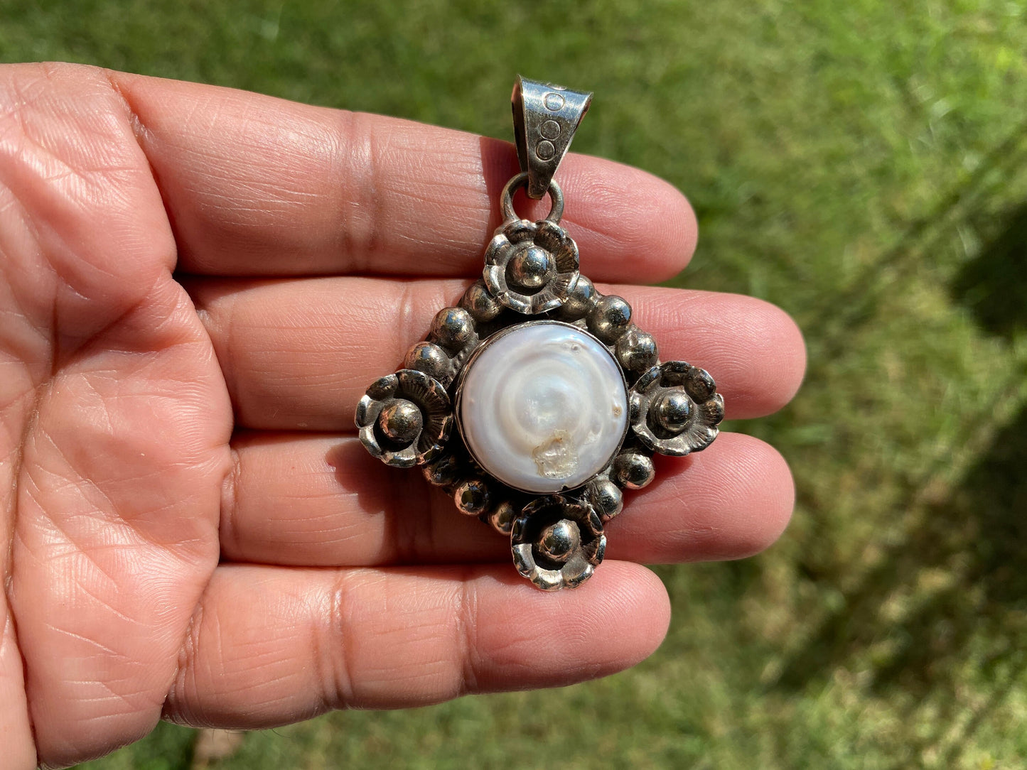 Tibetan Silver Pendant with Mother of Pearl, Birthstone Pendant for Necklace, Hill Tribe Jewelry, Women Jewelry, Himalayan Ethnic Jewelry