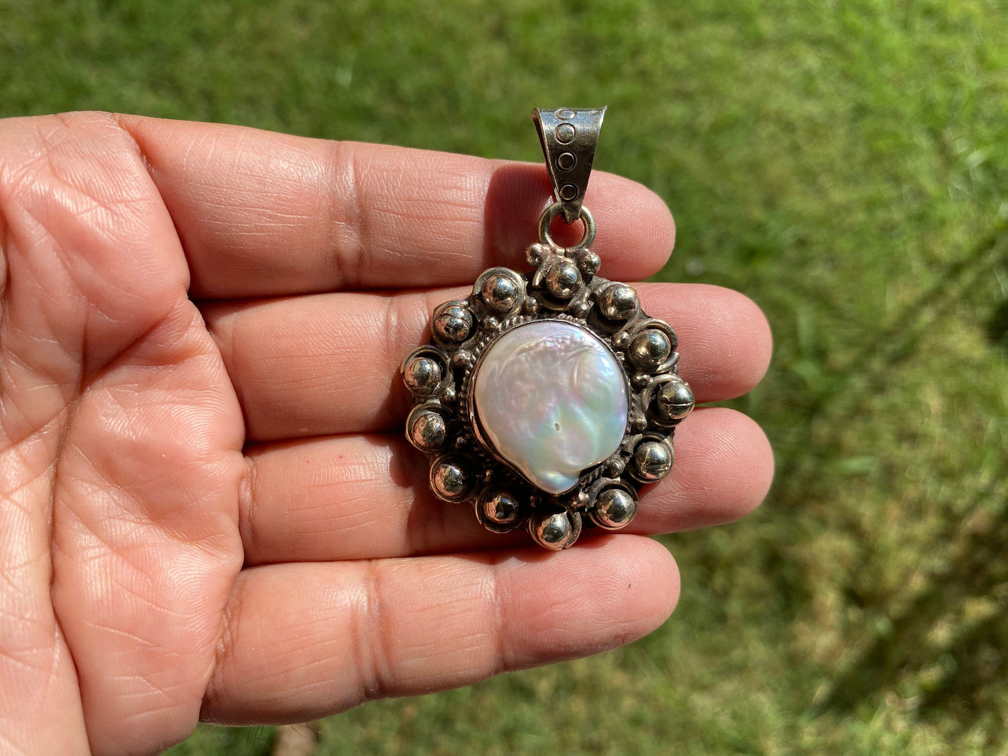 Tibetan Silver Pendant with Mother of Pearl, Birthstone Pendant for Necklace, Hill Tribe Jewelry, Women Jewelry, Himalayan Ethnic Jewelry