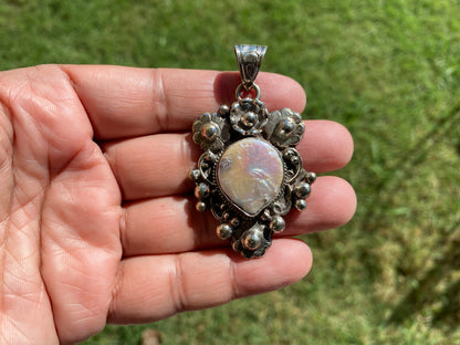 Tibetan Silver Pendant with Mother of Pearl, Birthstone Pendant for Necklace, Hill Tribe Jewelry, Women Jewelry, Himalayan Ethnic Jewelry