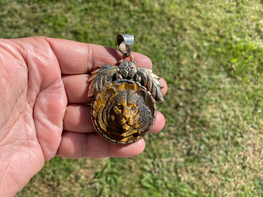 Tiger Head Pendant, Natural Tiger Eye Stone Tibetan Silver Pendant, Tiger Pendant, Wildlife Jewelry, Animal Pendant, Best Gift for Husband