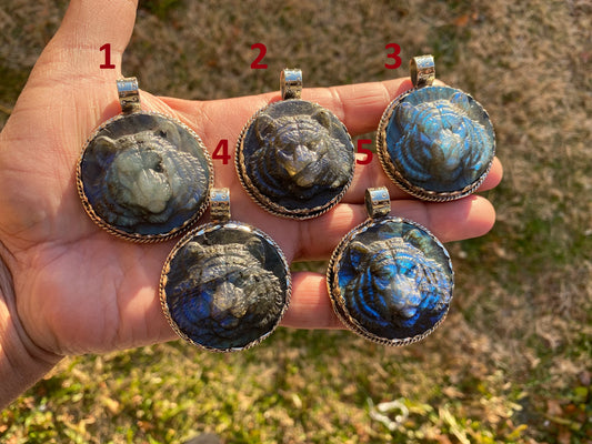 Tiger Hand Carved Labradorite Tibetan Silver Pendant, Tiger Pendant, Labradorite Tiger, Blue Labradorite, Crystal Pendant, Animal Pendant