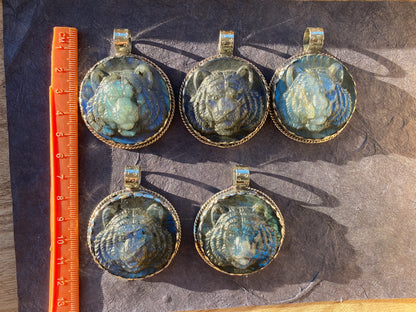 Tiger Hand Carved Labradorite Tibetan Silver Pendant, Tiger Pendant, Labradorite Tiger, Blue Labradorite, Crystal Pendant, Animal Pendant
