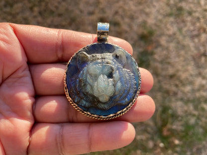 Tiger Hand Carved Labradorite Tibetan Silver Pendant, Tiger Pendant, Labradorite Tiger, Blue Labradorite, Crystal Pendant, Animal Pendant