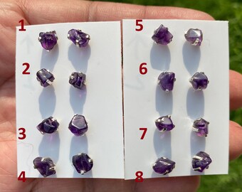 Tiny Raw Amethyst Sterling Silver Earring, Raw Prong Set Stud Earrings, Amethyst Stud Earring, February Birthstone, Small Gemstone Earrings