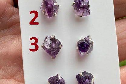 Tiny Raw Amethyst Sterling Silver Earring, Raw Prong Set Stud Earrings, Amethyst Stud Earring, February Birthstone, Small Gemstone Earrings