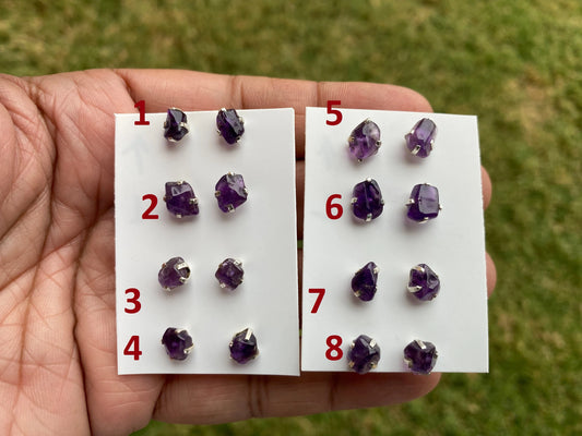 Tiny Raw Amethyst Sterling Silver Earring, Raw Prong Set Stud Earrings, Amethyst Stud Earring, February Birthstone, Small Gemstone Earrings