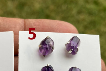 Tiny Raw Amethyst Sterling Silver Earring, Raw Prong Set Stud Earrings, Amethyst Stud Earring, February Birthstone, Small Gemstone Earrings