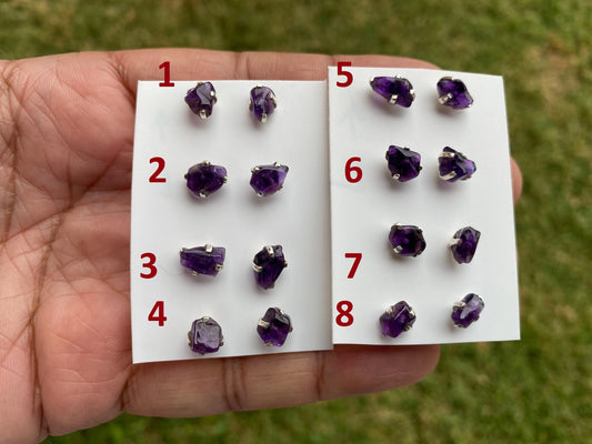 Tiny Raw Amethyst Sterling Silver Earring, Raw Prong Set Stud Earrings, Amethyst Stud Earring, February Birthstone, Small Gemstone Earrings