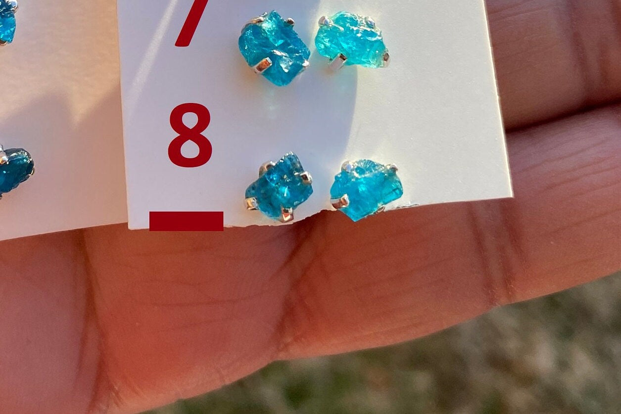 Tiny Raw Blue Apatite Gemstone 92.5 Sterling Silver Stud Earrings, Healing Crystal Earring, Natural Stone Earring, Bridesmaids Jewelry