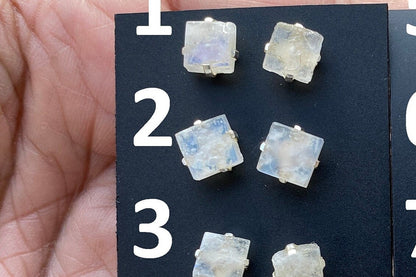 Tiny Raw Moonstone Post Earrings, Sterling Silver Earrings, Prong Stud Earring, Rainbow Moonstone Earrings, Crystal Studs, June Birthstone,