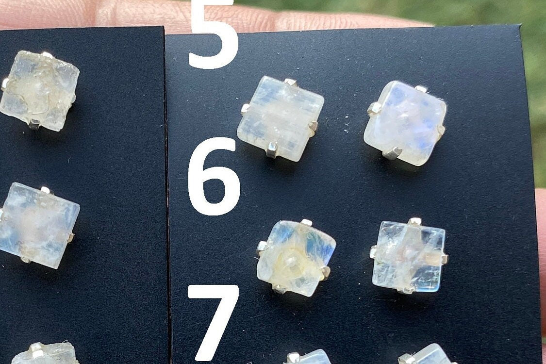 Tiny Raw Moonstone Post Earrings, Sterling Silver Earrings, Prong Stud Earring, Rainbow Moonstone Earrings, Crystal Studs, June Birthstone,