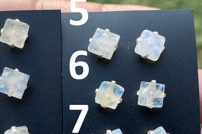 Tiny Raw Moonstone Post Earrings, Sterling Silver Earrings, Prong Stud Earring, Rainbow Moonstone Earrings, Crystal Studs, June Birthstone,