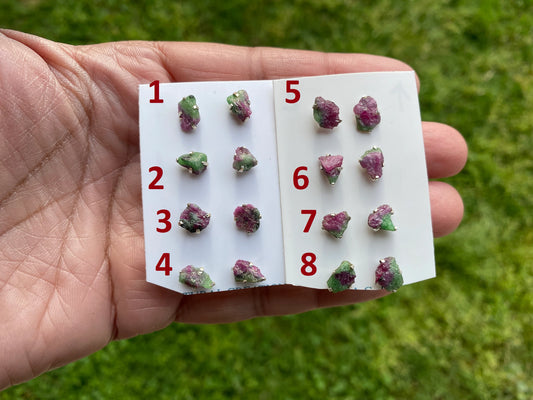 Tiny Raw Ruby Zoisite Gemstone Stud Earrings, Sterling Silver Earrings, Rough Gemstone, Prong Stud, Healing Crystal Earring, Gift for Girls