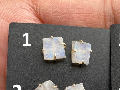 Tiny Rough Rainbow Moonstone Stud Earrings, Sterling Silver Earrings, Prong Stud Earring, Moonstone Earrings, Crystal Studs, June Birthstone