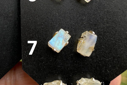 Tiny Rough Rainbow Moonstone Stud Earrings, Sterling Silver Earrings, Prong Stud Earring, Moonstone Earrings, Crystal Studs, June Birthstone