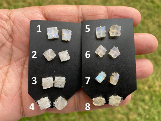Tiny Rough Rainbow Moonstone Stud Earrings, Sterling Silver Earrings, Prong Stud Earring, Moonstone Earrings, Crystal Studs, June Birthstone