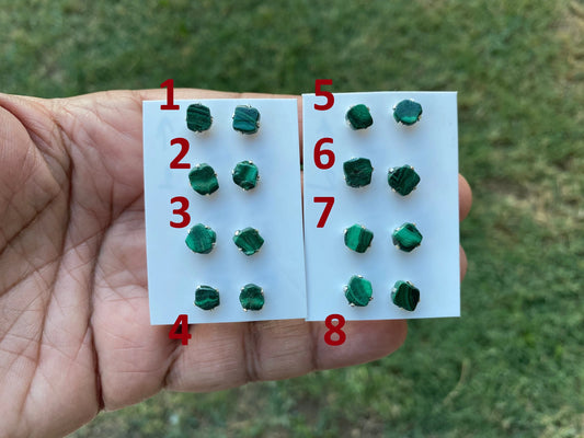 Tiny Sterling Silver Stud Earrings, Raw Natural Chip Malachite Gemstone, Tiny Malachite Earrings, Malachite Jewelry, Heart Chakra Stone,