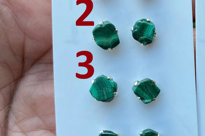 Tiny Sterling Silver Stud Earrings, Raw Natural Chip Malachite Gemstone, Tiny Malachite Earrings, Malachite Jewelry, Heart Chakra Stone,