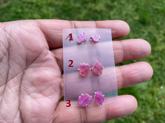 Tiny Raw Ruby Gemstone Stud Earrings, 92.5 Sterling Silver Earrings, July Birthstone, Prong Stud for Girls, Rough Healing Crystal Earrings