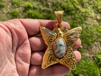 Tree Agate Natural Stone Pendant, 18K Brushed Gold Overlay Non Tarnish, Traditional Jewelry, Butterfly Designs, Large Bail Pendant, Boho