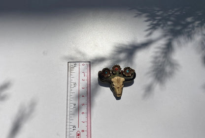 Tribal Treasures: Longhorn Bull Pendant in Tibetan Silver with Turquoise and Coral, Tibetan Silver Bull Pendant.