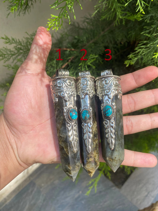 Turquoise-Enhanced Pointed Labradorite Jewelry, Pointed Labradorite Pendant with Turquoise Accent.