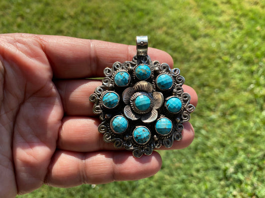 Turquoise Large Circle Tibetan Silver Pendant for Necklace Jewelry, Bohemian Jewelry, Blue Turquoise Pendant, Lotus Flower Designs