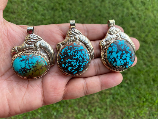 Turquoise Natural Stone Tibetan Silver Pendant, Native American Style, Ethnic Tibetan Jewelry, Energy Stone, Birthstone, For Men or Women