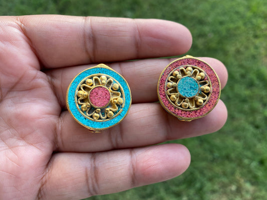 Nepal Beads, High Quality 18k Brushed Gold Overlay with Anti Tarnish,Turquoise with Coral Inlay Necklace Bead,Himalayan Handmade Ethnic Bead