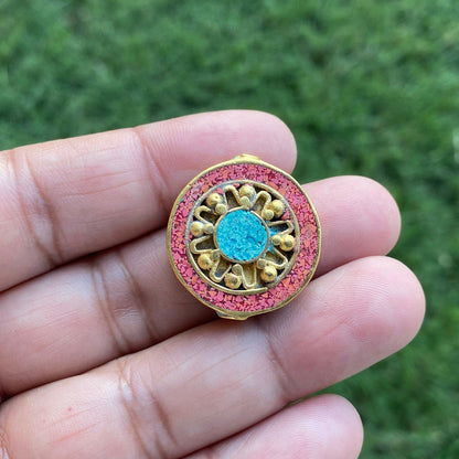 Nepal Beads, High Quality 18k Brushed Gold Overlay with Anti Tarnish,Turquoise with Coral Inlay Necklace Bead,Himalayan Handmade Ethnic Bead