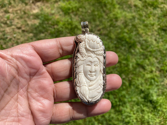 Turtle with Lady Face Carved Buffalo Bone Pendant, High Quality 18K Matte Gold Overlay Non Tarnish, Men or Women's Jewelry, For Animal Lover