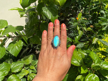 Two-Tone Big Adjustable Natural Turquoise Ring | Handmade Boho Hammered Silver Overlay Brass Ring, Energy Stone Ring, Bridesmaid Gift