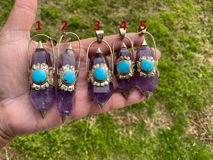 Two Side Pointed Amethyst and Turquoise Tibetan Silver Pendant, Healing Crystal, Natural Stone Jewelry, Flower Designs, Tibetan Jewelry