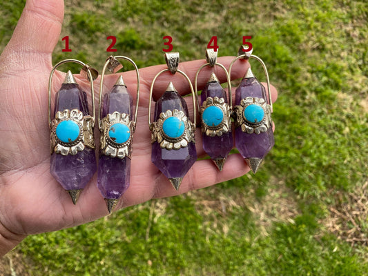 Two Side Pointed Amethyst and Turquoise Tibetan Silver Pendant, Healing Crystal, Natural Stone Jewelry, Flower Designs, Tibetan Jewelry