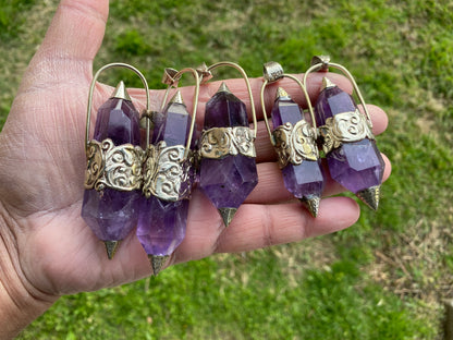Two Side Pointed Amethyst and Turquoise Tibetan Silver Pendant, Healing Crystal, Natural Stone Jewelry, Flower Designs, Tibetan Jewelry