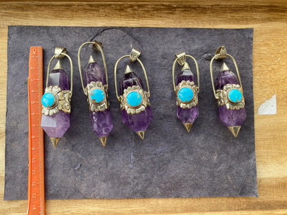 Two Side Pointed Amethyst and Turquoise Tibetan Silver Pendant, Healing Crystal, Natural Stone Jewelry, Flower Designs, Tibetan Jewelry