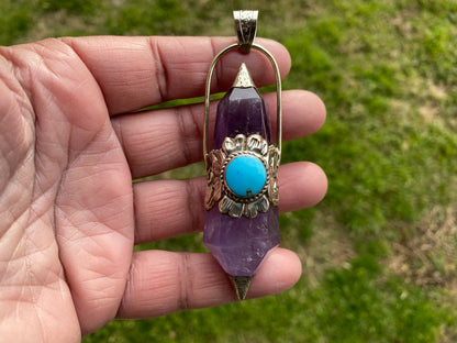 Two Side Pointed Amethyst and Turquoise Tibetan Silver Pendant, Healing Crystal, Natural Stone Jewelry, Flower Designs, Tibetan Jewelry