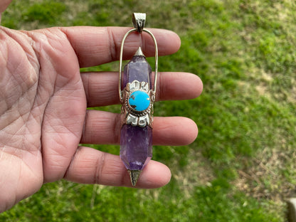 Two Side Pointed Amethyst and Turquoise Tibetan Silver Pendant, Healing Crystal, Natural Stone Jewelry, Flower Designs, Tibetan Jewelry