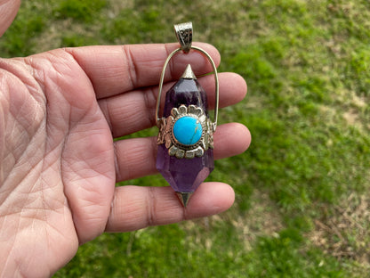 Two Side Pointed Amethyst and Turquoise Tibetan Silver Pendant, Healing Crystal, Natural Stone Jewelry, Flower Designs, Tibetan Jewelry