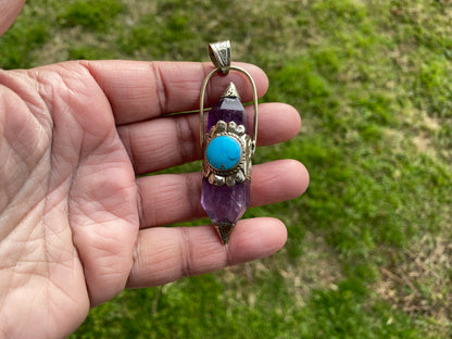 Two Side Pointed Amethyst and Turquoise Tibetan Silver Pendant, Healing Crystal, Natural Stone Jewelry, Flower Designs, Tibetan Jewelry