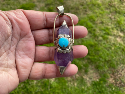 Two Side Pointed Amethyst and Turquoise Tibetan Silver Pendant, Healing Crystal, Natural Stone Jewelry, Flower Designs, Tibetan Jewelry