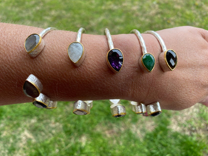 Two Tone Adjustable Gemstone Bracelet, Brushed Silver with Gold Overlay, Moonstone, Amethyst, Labradorite, Emarald or Smoky Quartz Bracelet