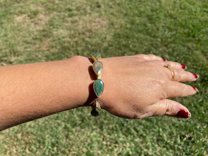 Two Tone Adjustable Gemstone Bracelet, Brushed Silver with Gold Overlay, , Custom Fit Bracelet, Two Tone Jewelry, Statement Jewelry