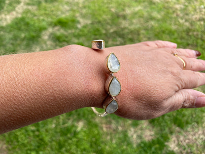 Two Tone Adjustable Gemstone Bracelet, Brushed Silver with Gold Overlay, Moonstone, Amethyst, Labradorite, Emarald or Smoky Quartz Bracelet