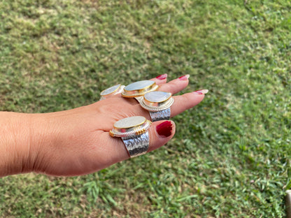 Two Tone Adjustable Moonstone or Shell Ring, Gold with Silver Overlay, Luxury Jewelry, Modern Design, Fashion Ring, Contemporary Jewelry