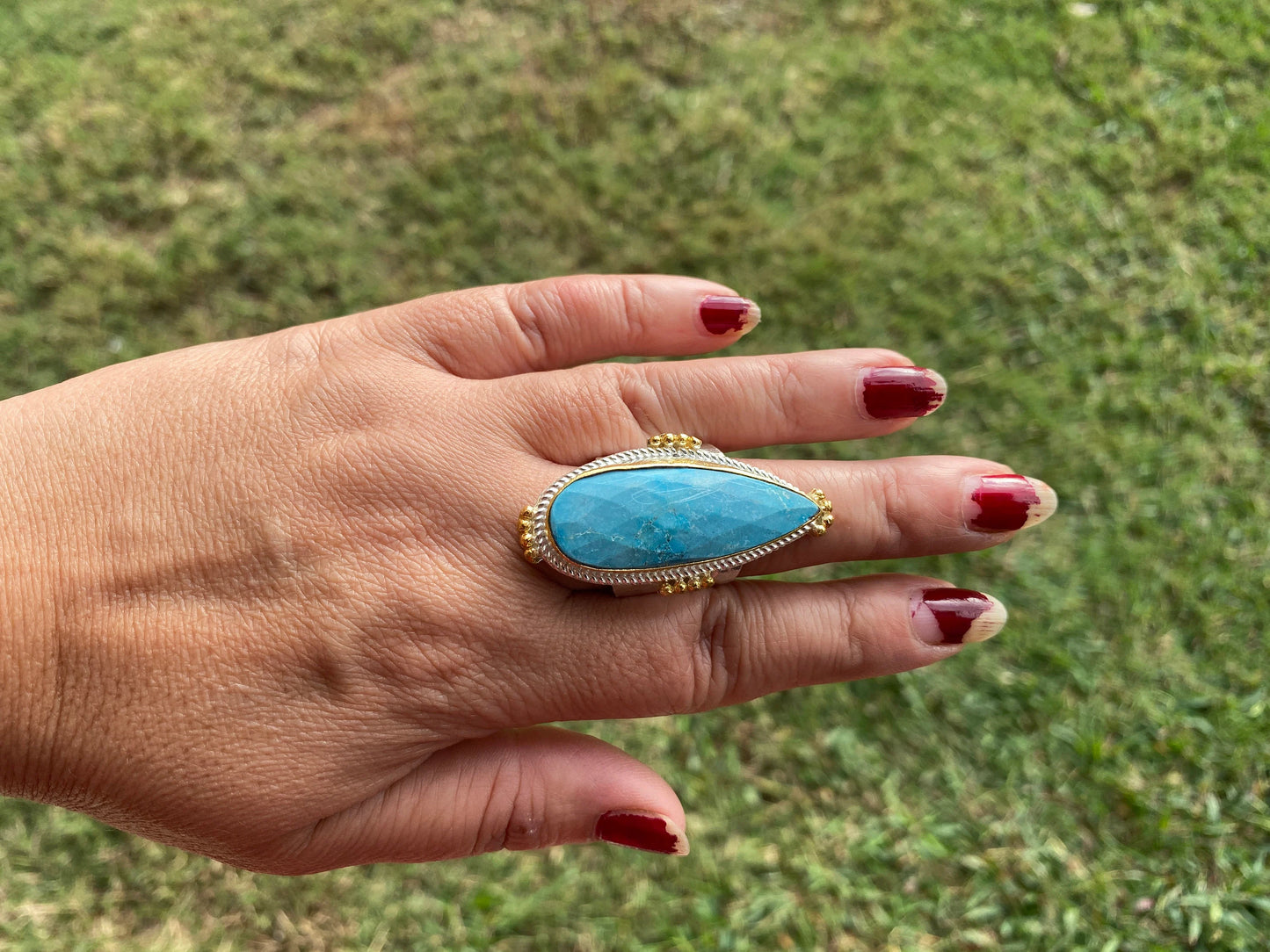 Two Tone Adjustable Turquoise Ring, Gold with Silver Overlay, Fashion Ring, Unique Jewelry, Gemstone Ring, Elegant jewelry, Luxury Jewelry