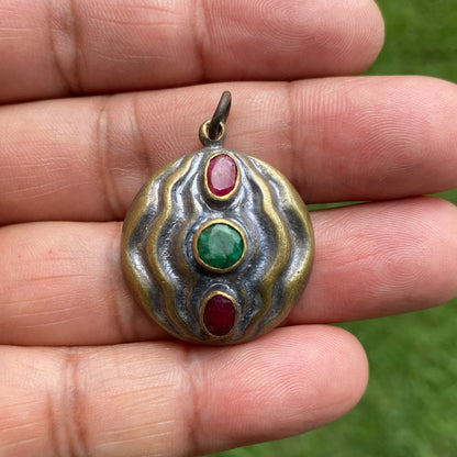 Two Tone Antique Brass Pendant, Ruby & Emerald Gemstone Pendant, Charm for Bracelet/Earring, Pendant for Necklace, Unique Designs, Handmade