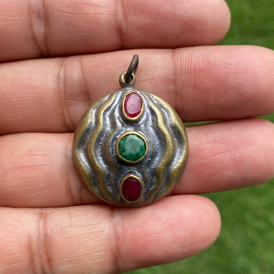 Two Tone Antique Brass Pendant, Ruby & Emerald Gemstone Pendant, Charm for Bracelet/Earring, Pendant for Necklace, Unique Designs, Handmade